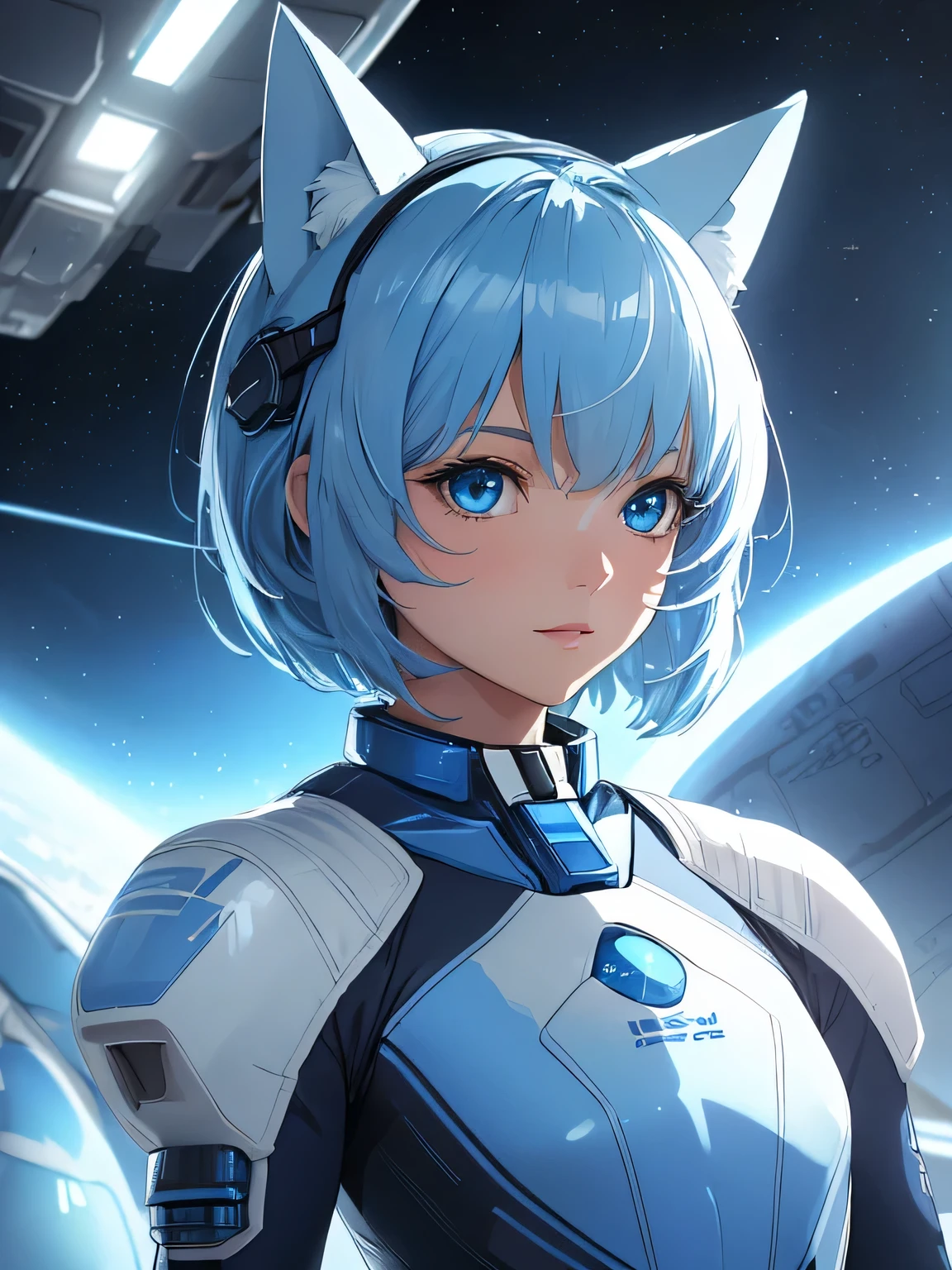 (8k, HDR, RAW photo, best quality, masterpiece:1.2, realistic lighting), Overhead view, Dynamic angle, girl on the spaceship, solo, (thin face), realistic beautiful face, very detailed face, poker face, (bob cuts hair), ((sky blue hair)), path traced hair, (sky blue cat ears), ((sky blue eyes)), beauty eyes, perfect symmetrical eyes, clear sparkling blue eyes, (flat chest), (small breast), wearing a full body spacesuit, (spacesuit helmet), (spaceship:1.3), detailed and complex busy background, surreal space, fantasy space, outer space