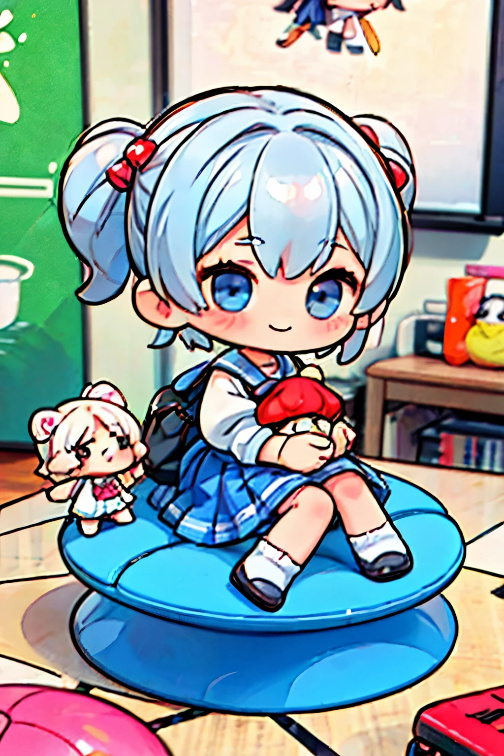 there is a keychain with a doll on it sitting on a table, style as nendoroid, chibi girl,smile, female explorer mini cute girl, nendoroid, nendoroid 3 d, small girl, kawaii realistic portrait, cute!! chibi!!! schoolgirl, chibi style, chibi anime girl, cute kawaii girl, small curvy loli