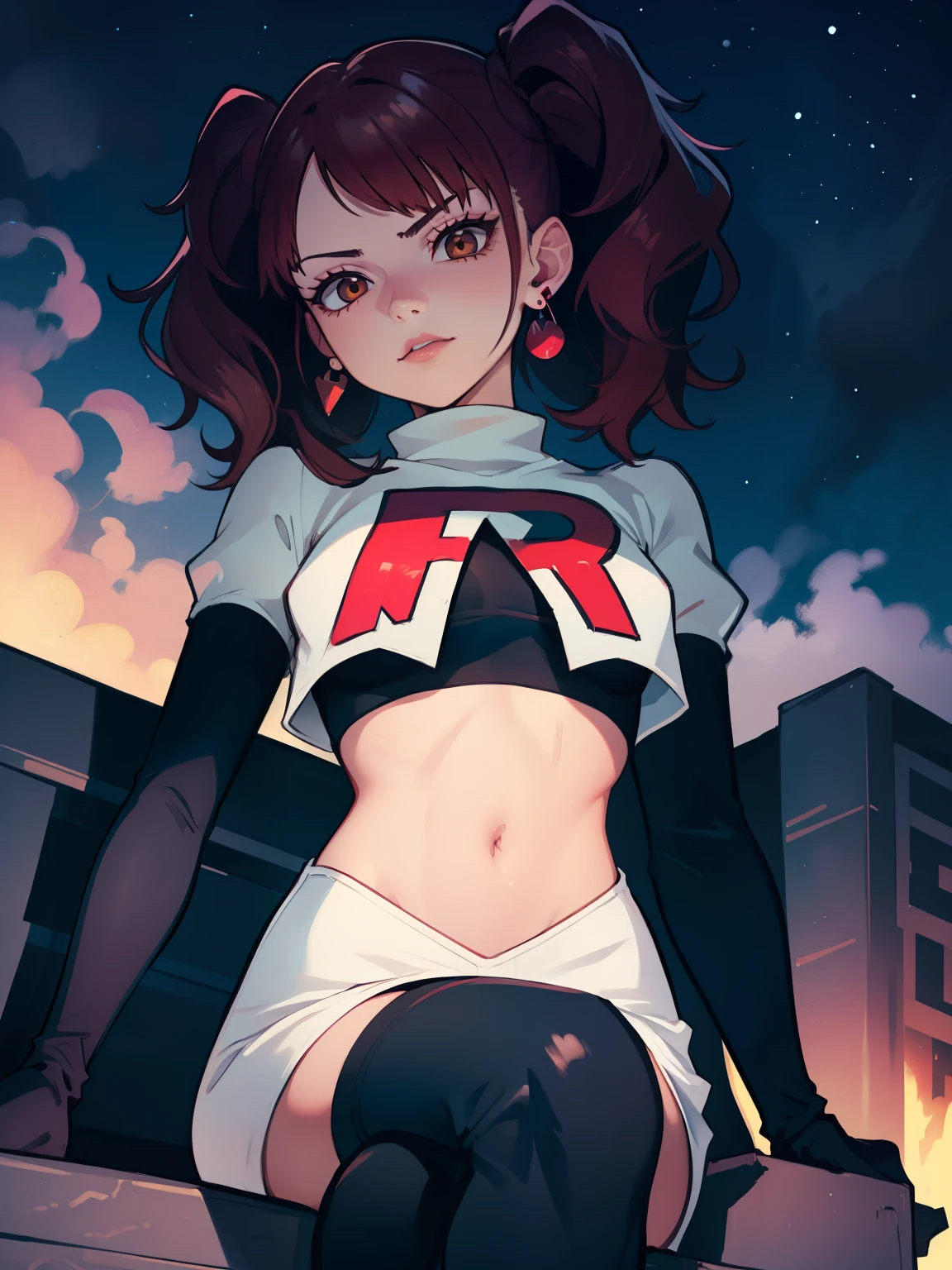 Rise Kujikawa (Persona) ,earrings ,lipstick, eye shadow ,team rocket uniform, red letter R, white skirt,white crop top,black thigh-high boots, black elbow gloves, evil villianess look, looking down on viewer, sitting ,crossed legged, night sky background