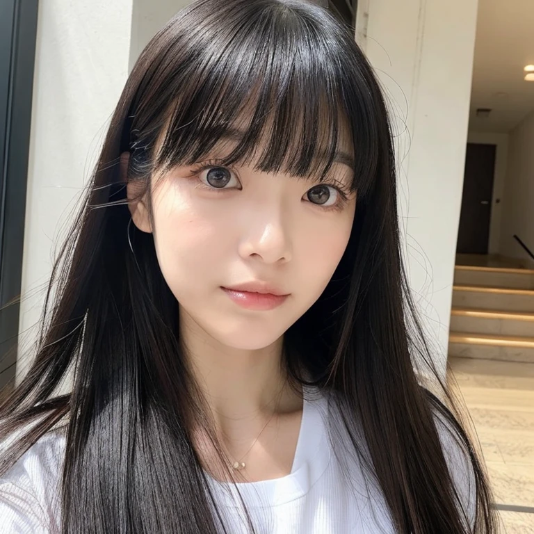 woman without makeup。eyes are extremely narrow、single eyelid。Long black hair with bangs。細目でsingle eyelid。I'm not wearing makeup.。