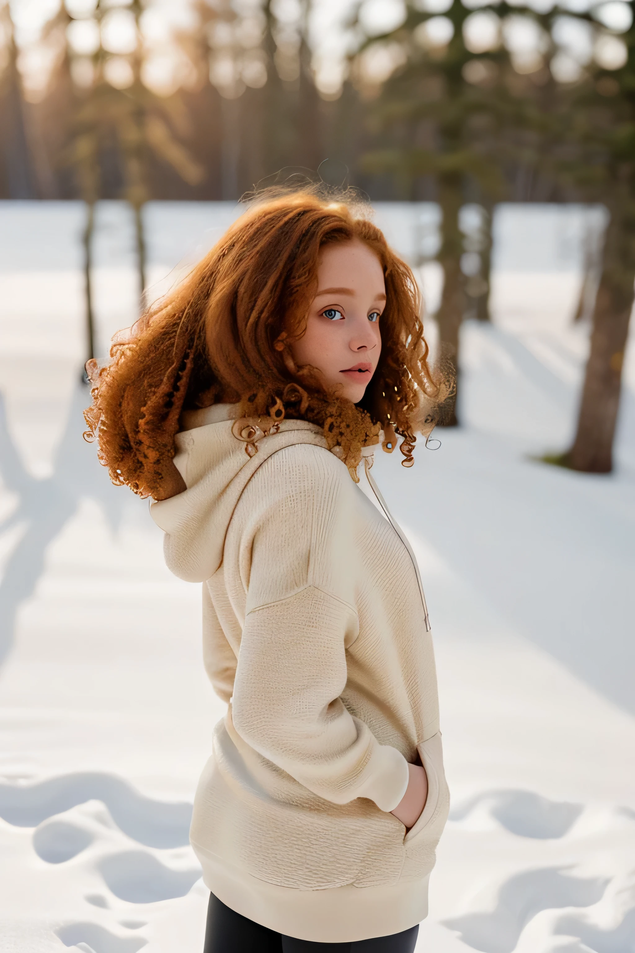 photograph of a woman, textured skin, goosebumps, ginger curly hair, oversized hoodie with leggings and sneakers, profile, winter landscape covered in a pristine blanket of white snow, perfect eyes, (cinematic lighting, strong side key lightuted low grain color, shot on Kodak Brownie, bokeh, sharp focus on subject, shot by Lee Miller