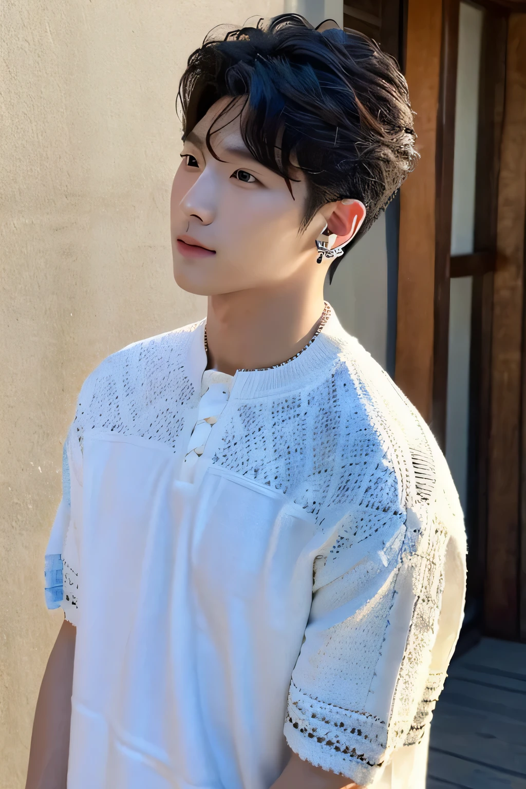 handsome Korean man, short wavy hair, black knitted sleevless, white undershirt, earring, 