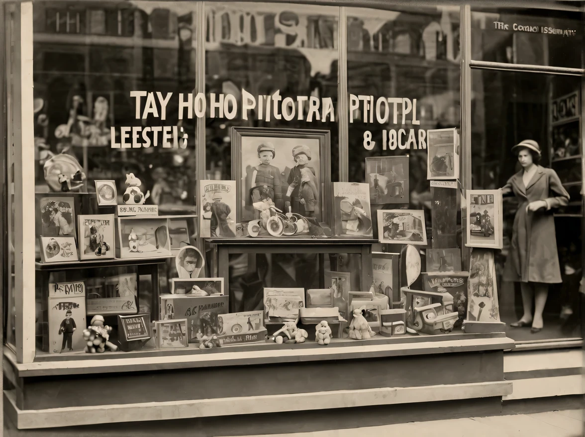 Old black and white photograph from the 1930s., published by the Museum of Historical Photography in 1930., (Toy store window), display case with toys in a toy store behind glass, sign with text "A TOY SHOP" at the display window, Zeiss Icon Power 520/2, film type 130, frame size 60 x 90 mm, Tessar 4.5/105 mm, vintage photo paper, old shabby photograph, scuffs and scratches, photo ruined by time