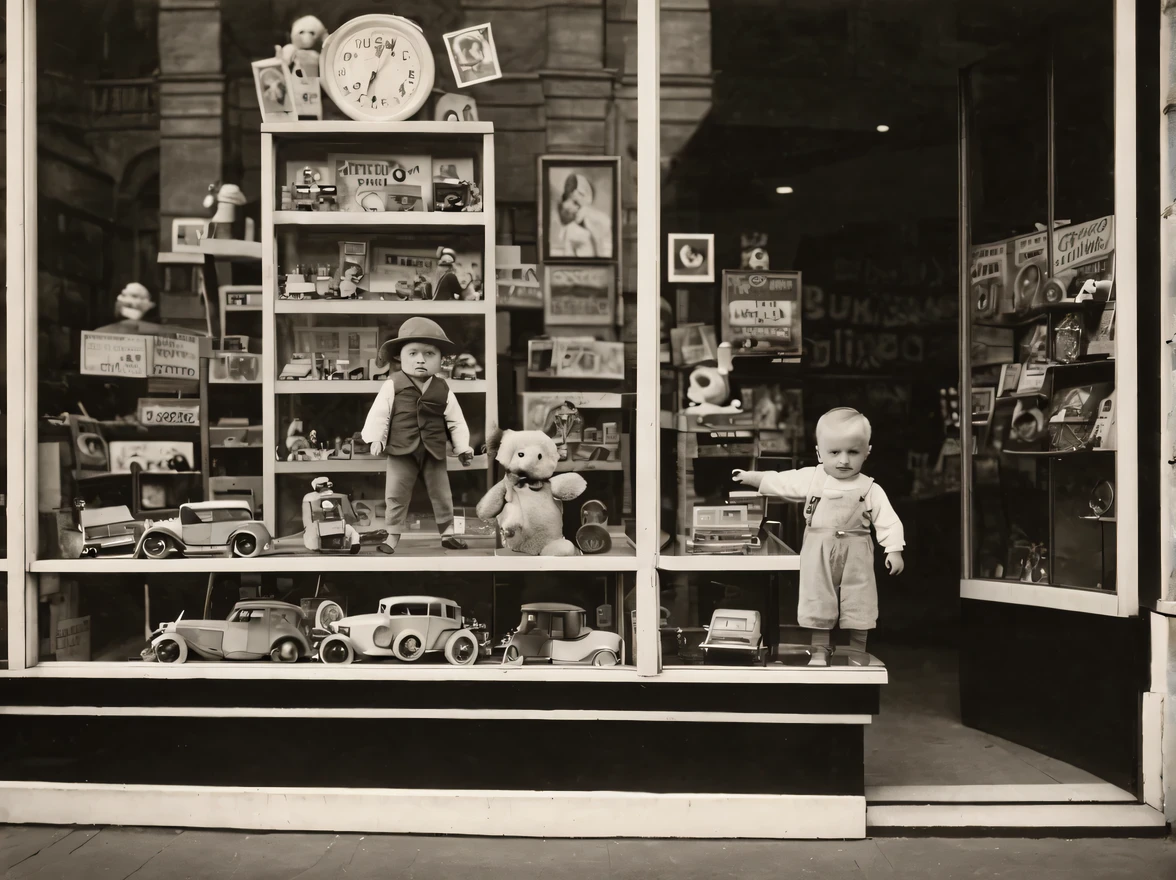 Old black and white photograph from the 1930s., published by the Museum of Historical Photography in 1930., (Toy store window), display case with toys in a toy store behind glass, sign with text "A TOY SHOP" at the display window, Zeiss Icon Power 520/2, film type 130, frame size 60 x 90 mm, Tessar 4.5/105 mm, vintage photo paper, old shabby photograph, scuffs and scratches, photo ruined by time