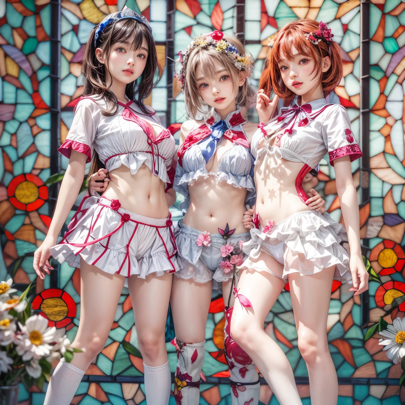 White and Red, Masterpiece, (physically-based rendering with ultra-detailed, (realistic and (photorealistic:1.37) with touch of rawness), Acutance:0.8) . A group of KAWAII girls in opened Cut-off uniform . ((extremely detailed KAWAII face variations) with joyful expressions), { Navel | pretty Ass | (Overflowing underboob) | White panties | (full of Flowers covering girl's body) | ((Dazzling colorful stained glass with delicate details:1.2)) } . (Exposed:1.2), ((nipple:-0.9)), (not Detailed fingers:-0.9) .