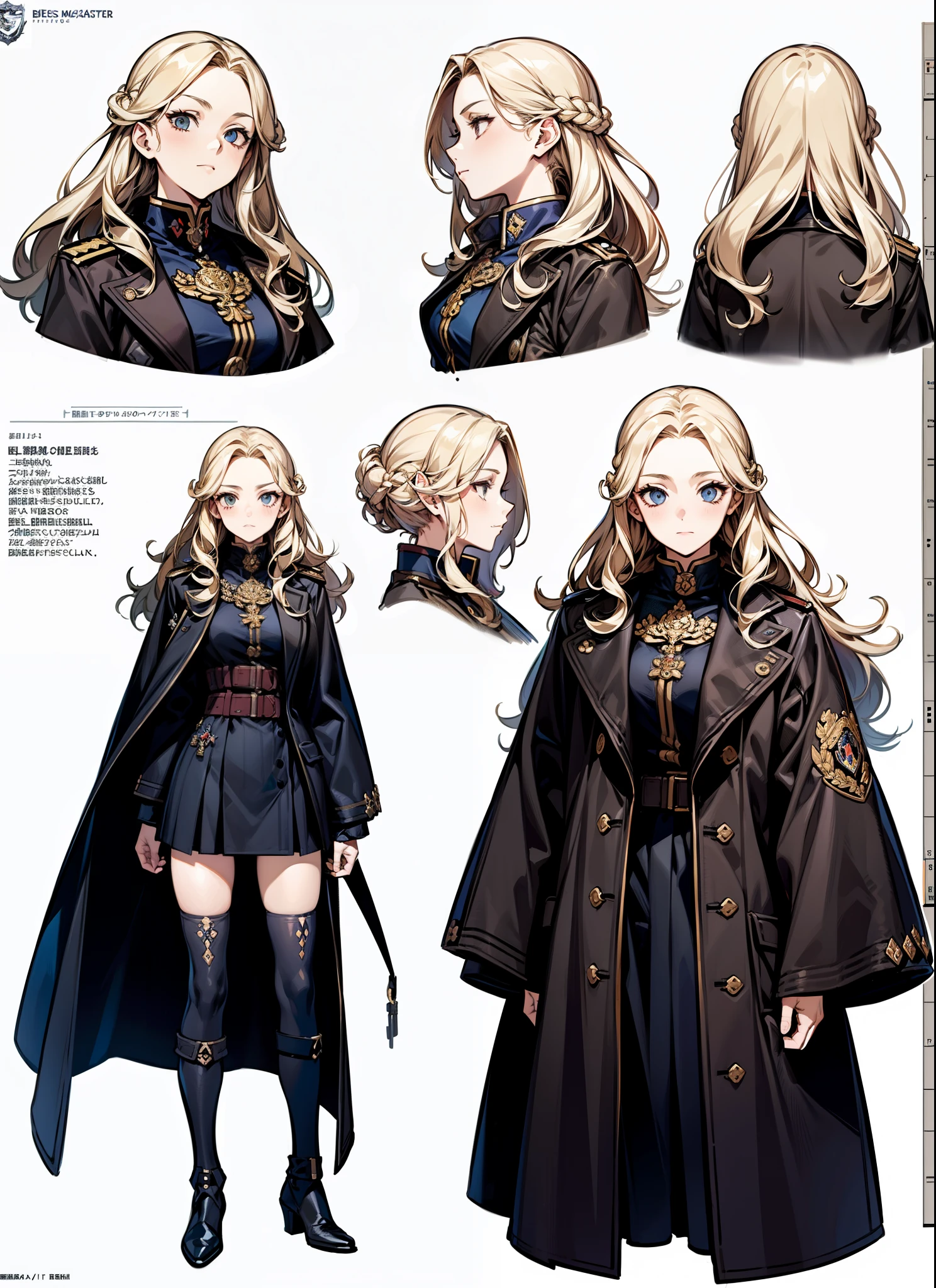 ((masterpiece)),(((best quality))),(character design sheet,same character,front,side,back), 1girl, solo,ear gear,blonde curly long hair,long coat jacket,,strong leadership character,she  commander,military jacket,retro artstyle,masterpiece,bestquality,top quality,ultra highly  , concept art, character concept art, character sketch, reference sheet, character sheet, ( background, white background: 1.3)