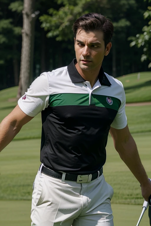 man playing golf, wearing a white polo shirt with black red and green design elements and eagle logo