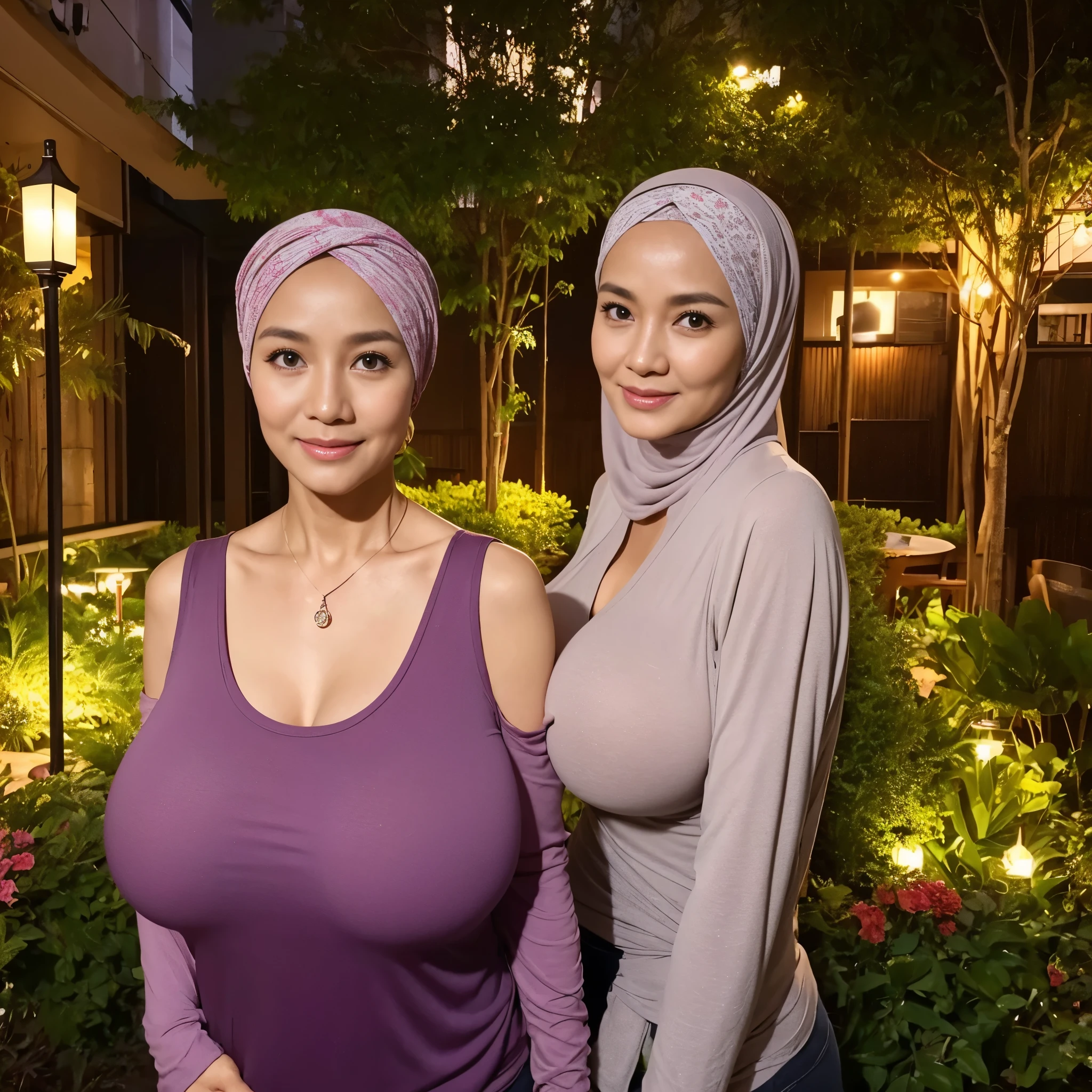 58 Years old, Indonesian mature woman, wearing Hijab, perfect , natural Gigantic breast : 66.9, gorgeous eyes, Soft smile, wear a Long-Sleeve Tank Top, No Wearing Bra, necklace, hairband, Breast burst Out, Nightime walk, City garden, Excellent lighting, Light colors, Clean Lines