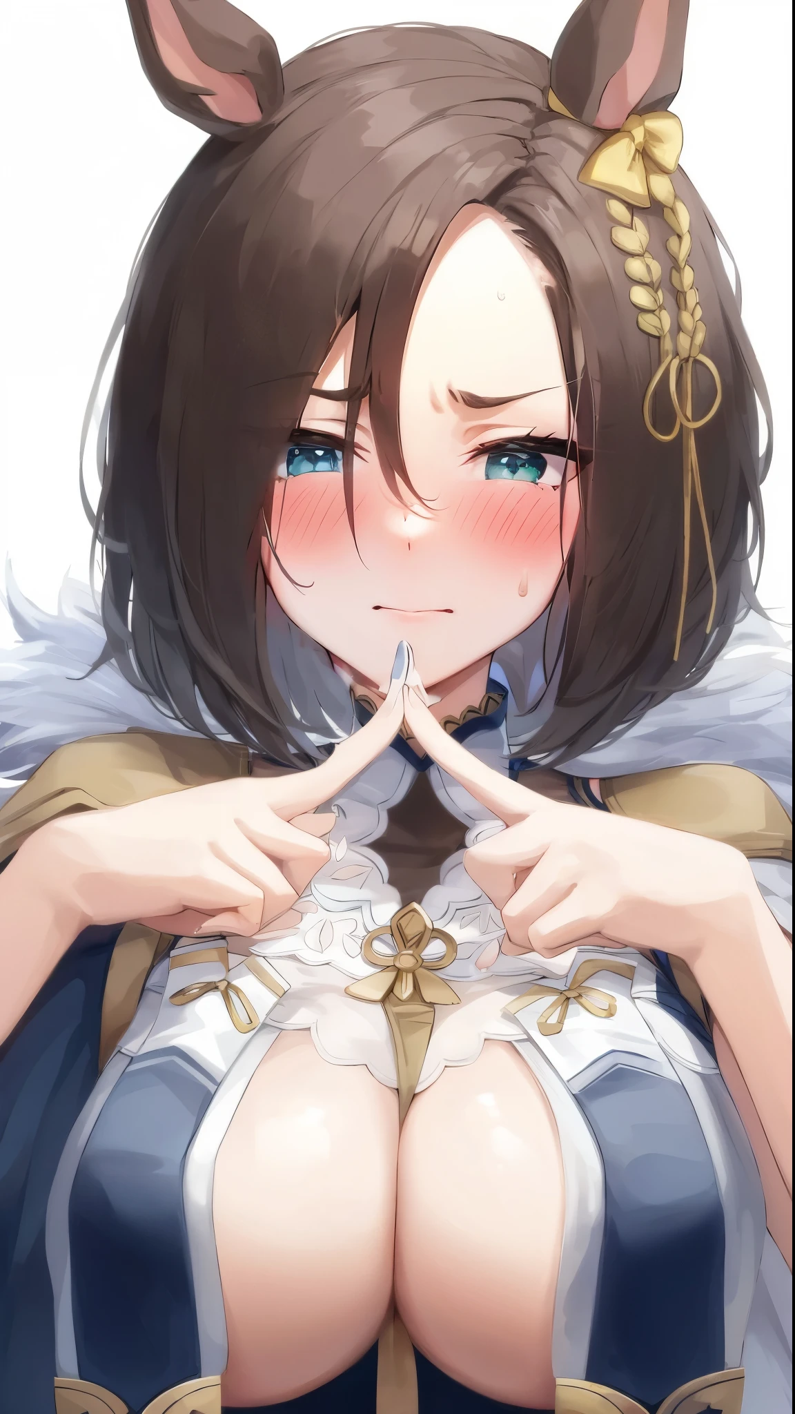 embarrassed face、blush、green eyes