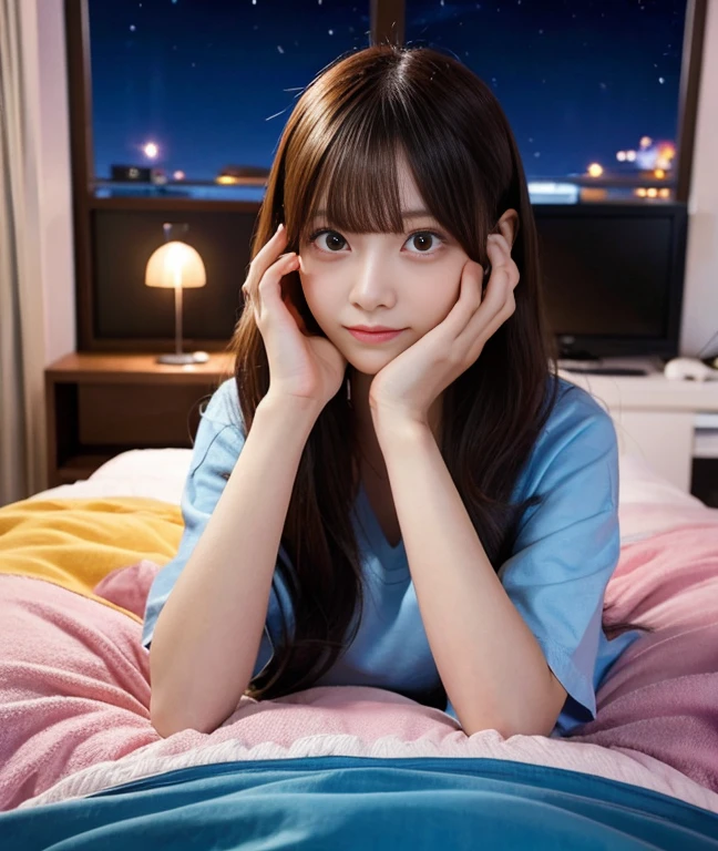 （Highest image quality、Reality、photograph）、Otaku woman playing video games、night time、my room、relaxed atmosphere、Have fun、detailed eyes、detailed limbs