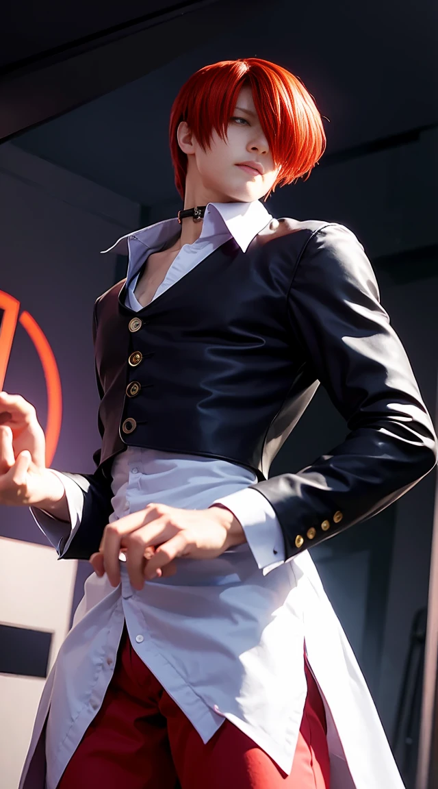  photorealistic, Masterpiece 1.2, best quality 1.2, high_res, high_resolution, absurdres, intricate details, lightining, sunlight 1male, solo, iori yagami standing hands down, red hair, red hair, black school uniform, white shirt, red skirt.  cowboy shot,  black shoes, detailed eyes, symbol_shaped_pupils, slightly angry face, cursed energy around him, illustration, art, in style of Sui ishida (tokyo ghoul) art , background tokyo street
