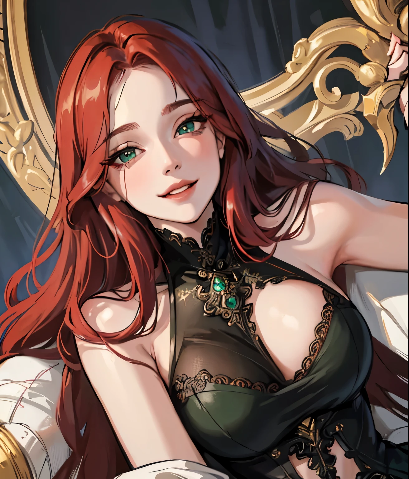 (extremely delicate and beautiful:1.2), 8k,(masterpiece:1.0),(best_quality:1.0), 1girl, mature woman, complex details, enlarged textures, complex details, finely detailed eyes and detailed face, intricate details, long red hair, smiling, perfect eyelue eyes), equal green eyes, (goddess), black sexy dress, bust up