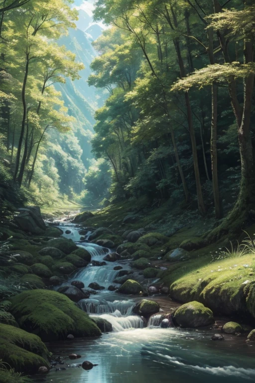 painting of a stream running through a lush green forest filled with trees, detailed painting 4 k, mountains river trees, anime landscape wallpaper, beautiful art uhd 4 k, anime countryside landscape, detailed scenery —width 672, beautiful digital painting, 4k highly detailed digital art, beautiful anime scenery, 8k high quality detailed art, anime nature wallpap, anime nature