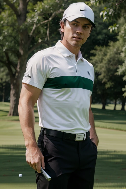 man playing golf, white polo shirt with black red and green design, eagle logo