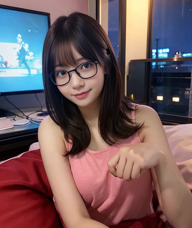(Highest image quality、Reality、photograph)、Otaku woman playing video games、night time、my room、relaxed atmosphere、Have fun、detailed eyes、detailed limbs、glasses、layered cut short hair