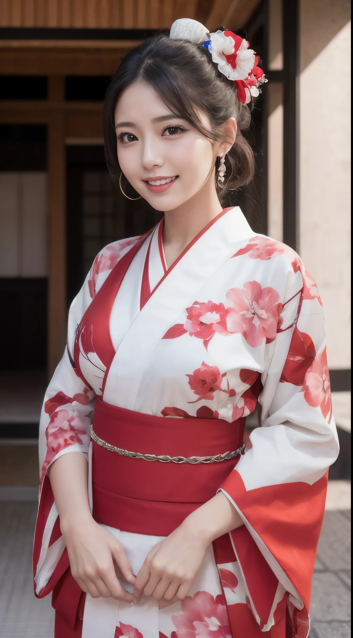 muste piece, highest quality, photorealistic, finely, High resolution, 8k wallpaper, perfect dynamic composition, sharp focus, surreal, beautiful and fine eyes, medium hair, big and full breasts, random sexy poses, chest to chest, (赤と白のFurisode,,(Red and white Japan kimono、Furisode)), laughter, open your mouth, resort scenery, 25 years old, (drooling eyes:1.4),new year background、shrine、Kadomatsu City、 beauty, Japanese, chain necklace, big earrings, Photographed from the front