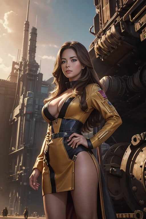 there is a woman in a dress standing in front of a giant robot, by Don Maitz, portrait of sofia vergara, promotional art, attractive brown hair woman, retropunk, protagonist in foreground, inspired by Louis Pohl, mechanic, anime visual of a young woman, compute shader, inspired by Donato Giancola, youtube thumbnail, chrome art