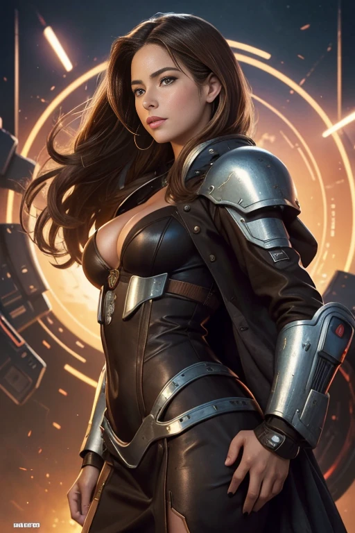 there is a woman in a dress standing in front of a giant robot, by Don Maitz, portrait of sofia vergara, promotional art, attractive brown hair woman, retropunk, protagonist in foreground, inspired by Louis Pohl, mechanic, anime visual of a young woman, compute shader, inspired by Donato Giancola, youtube thumbnail, chrome art