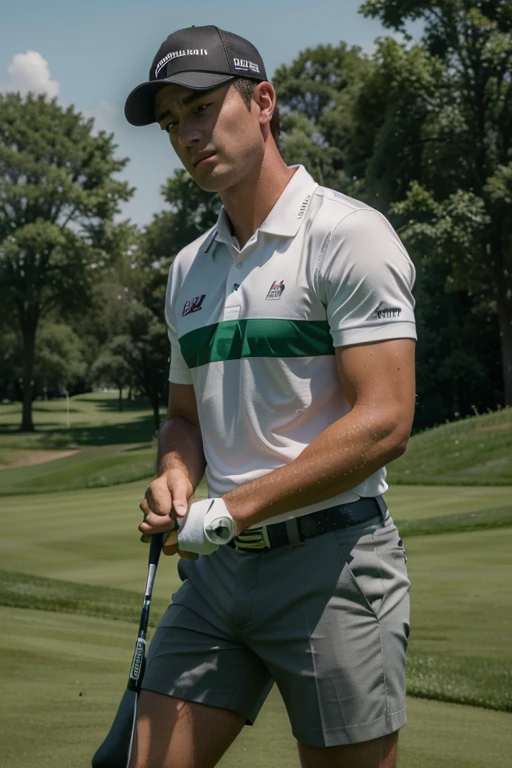 (best quality,4k,8k,highres,masterpiece:1.2),ultra-detailed,(realistic,photorealistic,photo-realistic:1.37),man playing golf,white polo shirt with black red and green design elements and eagle logo,golf course,green grass,blue sky,golden sunlight,professional golfer,sporting ,swing,club,ball,hole,caddie,precision,concentration,focus,athletic,backswing,fore,tee shot,driver,putt,bunker,championship,competitive,winning,excitement,achievement,victory,perfect stroke,impeccable technique,flawless form,intense determination,:]