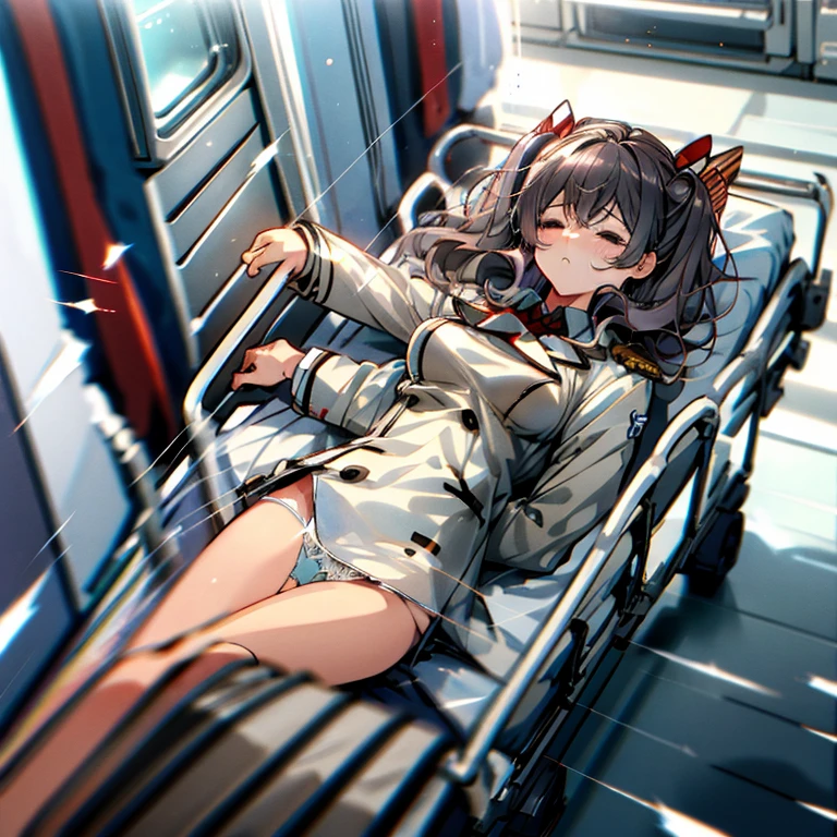 [emergency transport,stretcher,intravenous drip, doctors,running,sleeping,lying on back,hospital hallway,(((bloody, blood on dress,torn dress, carrying))),bandages on face,emphasis lines,multiple boys : Kashima, torn clothes, white panties, big breast : 10]