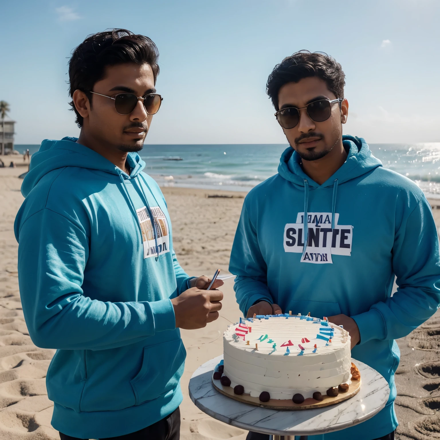 "Create an image of twin brothers, Hanif and Arif, celebrating their 29th birthday. They wear hoodies with their names on the front, both sporting glasses, and holding a birthday cake. The background should be a beach setting."