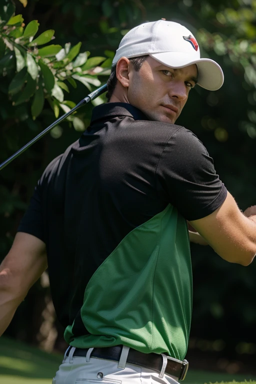 man playing golf, wearing white polo shirt, black red and green tshirt, eagle logo