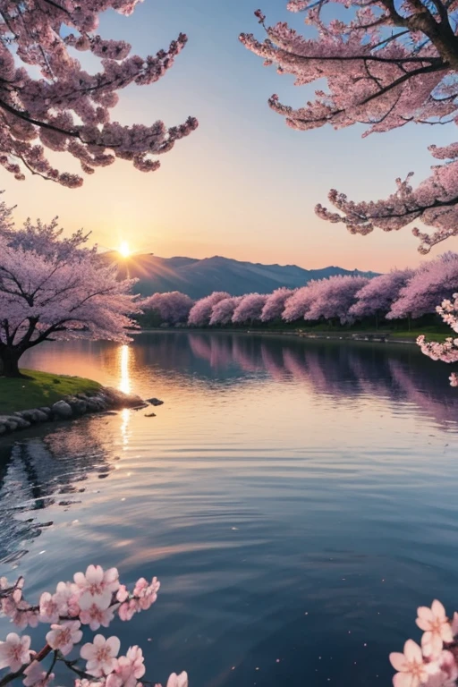 Sunset, cartoony, lake, cherry blossom tree