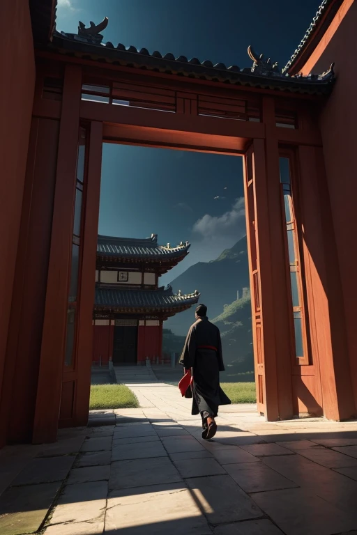 A painting depicting a person walking, with very detailed Chinese classical doors and plants, a mysterious background, layered sky, red and black, backlight, traditional Chinese landscape style, new tradition, Eastern style, James Turrell, plants are the history of Nagai, Fan Kuan's style, eerie reality, and cunning. I can't believe how beautiful this is. Symmetrical composition, grand scale, strong use of negative space, facing up, Single point perspective, realistic ultra details, 8k, high-definition