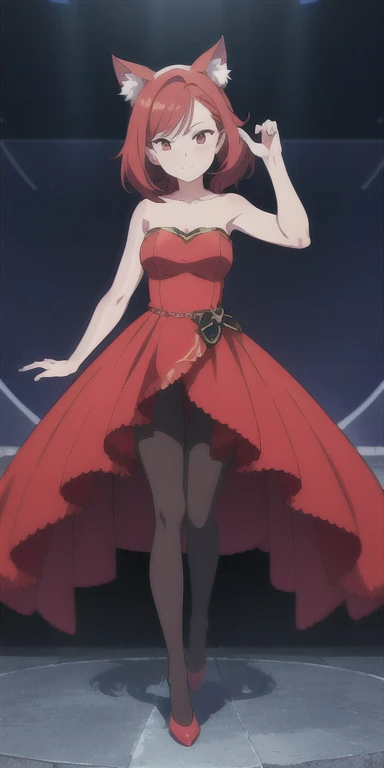 ((best quality)), ((masterpiece)), (detailed), perfect face , full body anime picture of a red haired and eyed idol wearing cat ears and a sleeveless strapless gown with pantyhose, red eyes , one girl , french gown
