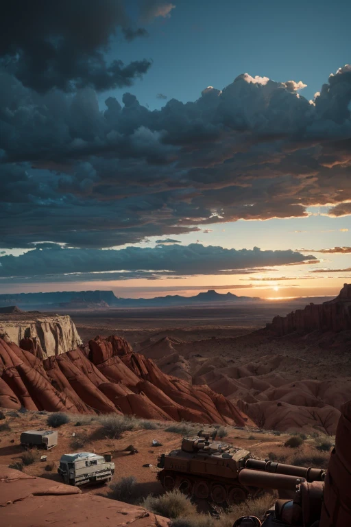 (8k),(masterpiece),absurd, tall, ultra-detailed, (1girl:1.3),, BREAK, Discreet lighting, gloomy atmosphere, dark shadows, subtle highlights, mysterious aura, BREAK, panoramic photography, wide-angle perspectives, breathtaking landscapes, stunning views, expansive scenes, visual depth, breathtaking perspectives, (post-apocalyptic wastelands), (red rock canyon), view from a wooden shack, ((view of a warehouse window)), in the foreground boxes of ammunition and tank shells