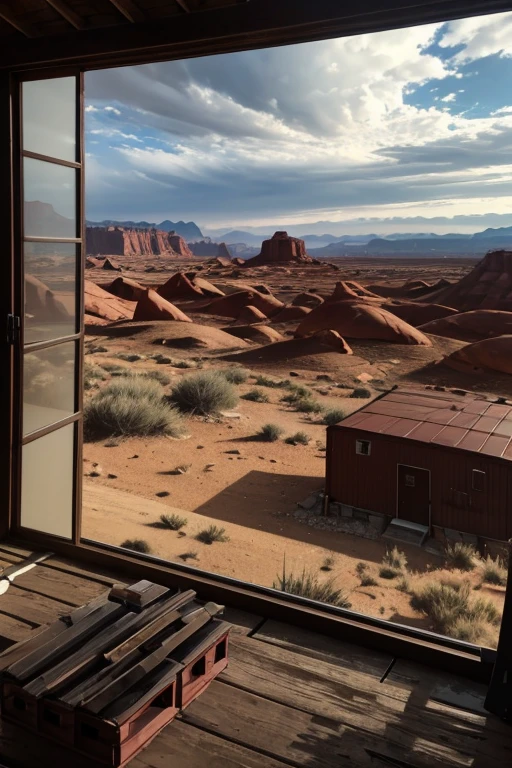 (8k),(masterpiece),absurd, tall, ultra-detailed, (1girl:1.3),, BREAK, Discreet lighting, gloomy atmosphere, dark shadows, subtle highlights, mysterious aura, BREAK, panoramic photography, wide-angle perspectives, breathtaking landscapes, stunning views, expansive scenes, visual depth, breathtaking perspectives, (post-apocalyptic wastelands), (red rock canyon), view from a wooden shack, ((view of a warehouse window)), in the foreground boxes of ammunition and tank shells