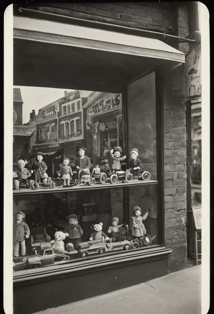 An old black-and-white photograph from the 1930s era, which captures (Toy Store Window Display), a showcase with toys in a toy store behind glass, the text "TOY STORE", Zeiss Ikon Ikonta 520/2, type 130 film, frame size 60 x 90 mm, Tessar 4.5/105 mm, antique photo paper, old worn photography, scuffs and scratches, photography spoiled by time, serpia