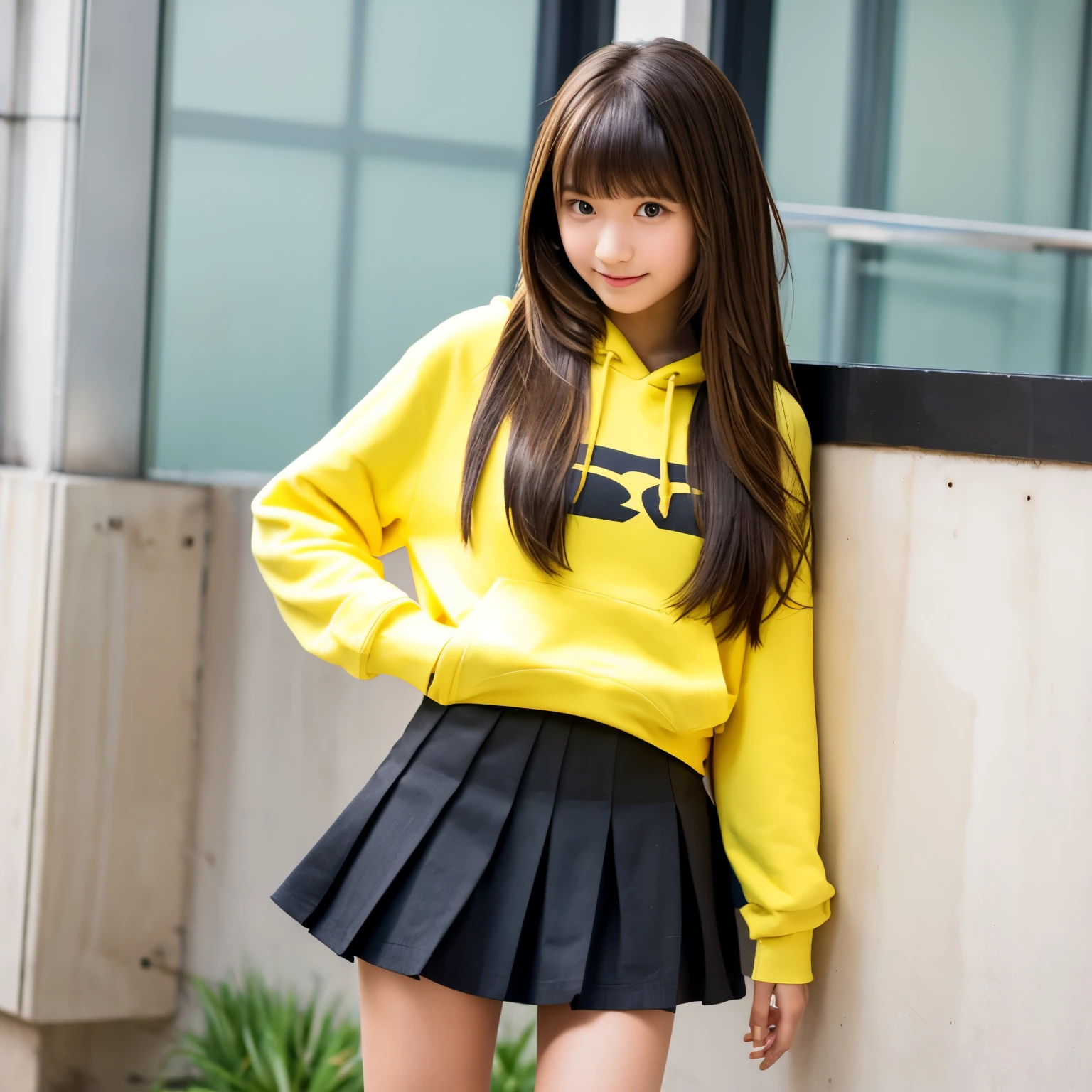 Thigh exposure,high resolution,Middle school students,Smooth hair,(((((Beauty))))),girl,long straight hair,bangs bangs,15 years old,brown hair,black mini skirt,yellow hoodie,white skin,Height: 160cm,Longer legs