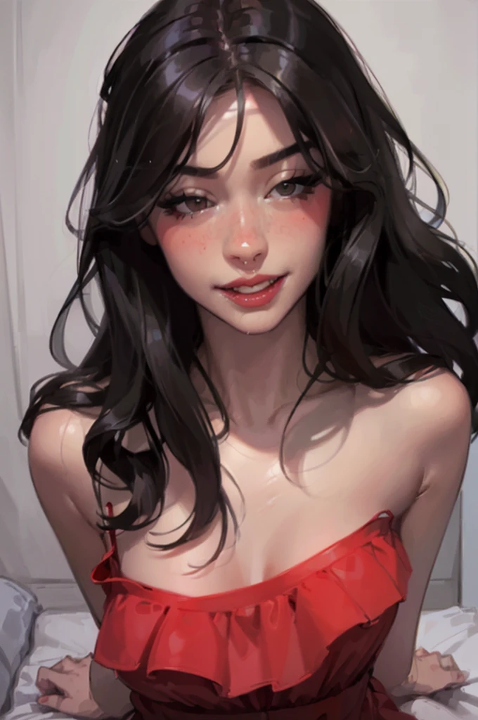 1girl,a beautiful fashion model ,(masterpiece, detailed background, best quality), shoulder length and shiny hair, black hair,smirk,juicy lips,red lips, lingerie, stripping, elegant makeup, exhibitionism, influencer, thot, (((pov, missionary, sexual, sex, man having sex with girl))) full body, 