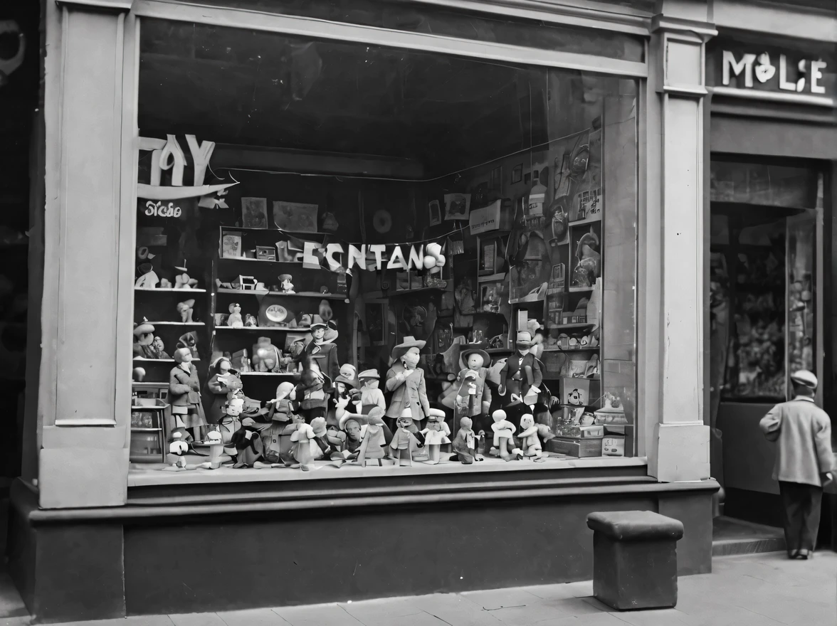 An old black-and-white photograph from the 1930s era, which captures (Toy Store Window Display), a showcase with toys in a toy store behind glass, the text "TOY STORE", Zeiss Ikon Ikonta 520/2, type 130 film, frame size 60 x 90 mm, Tessar 4.5/105 mm, antique photo paper, old worn photography, scuffs and scratches, photography spoiled by time, serpia
