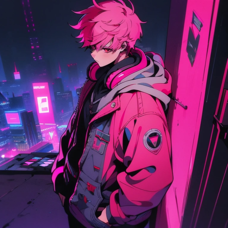 (shortcut), (two block hair), (bright pink hair), (male character), (red eyes), (cool pose), (top quality), (masterpiece), (Super detailed), (oversized hoodie), (Street style), (neon), (modern city), (neonデイライト), (cinematic), (stylish), (High resolution), (hyper-detailed), (soft town), (Nightcore), (a handsome guy), (he is wearing headphones), (natural appearance of the building), (casual), (IG studio anime style), (standing pose), (camera from low angle),