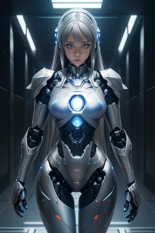 ((robot girl, mecha)), glowing eyes, delicate face, broken armor, mechanical aura, mechanical arm, gray hair, long hair, ceramic body, thigh gap, small breast, cyber background, very fine city, (translucent, reflective skin), 8k, best quality, ultra-detailed, (surrealism: 1.4),