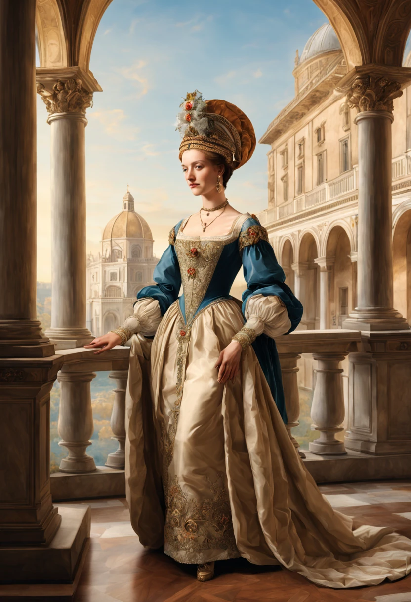 This illustration depicts a noblewoman from the Italian Renaissance period in an elegant posture within a luxurious palace. She is wearing a detailed and gorgeous gown, adorned with exquisite headwear. Surrounding her are typical art works and architecture from the Renaissance period