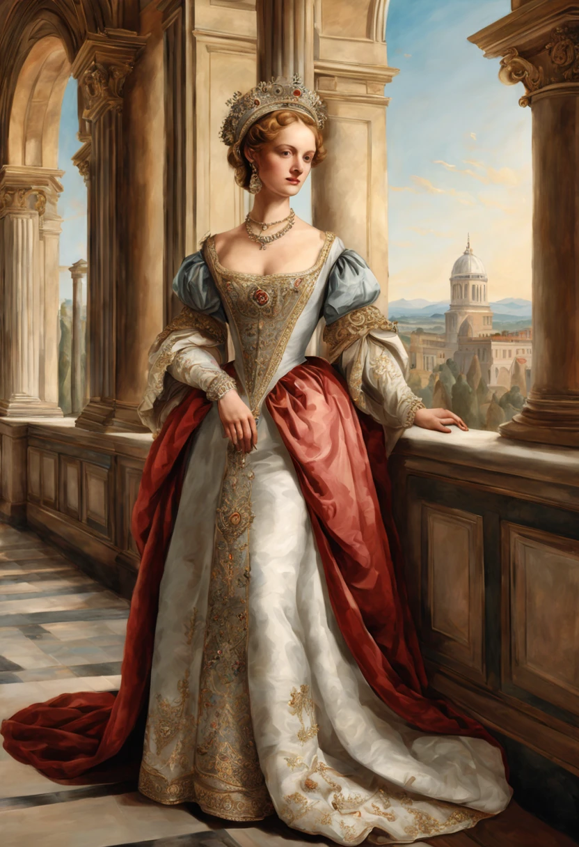 This illustration depicts a noblewoman from the Italian Renaissance period in an elegant posture within a luxurious palace. She is wearing a detailed and gorgeous gown, adorned with exquisite headwear. Surrounding her are typical art works and architecture from the Renaissance period
