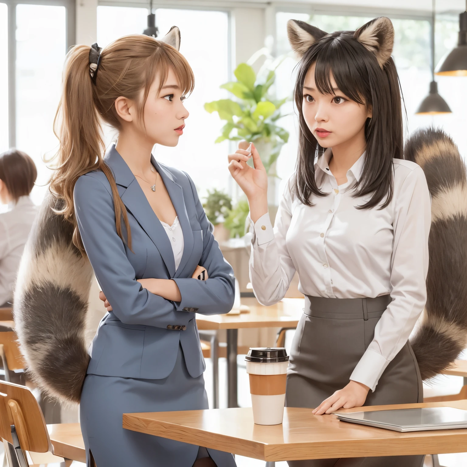 Two women with raccoon tails in business clothes are in a cafe, (software) safe for work,  women wearing a tight miniskirt with a raccoon anal tail, anthropomorphic raccoon, beast, Reality, photograph, highest quality,Their tight  miniskirt is flipped up and theier anal tail is visible.:1.5 ,Reality anal tail, small breasts, slender, white panties, anal tail, bushy tail, realistic tail, high floors in tokyo, flat chest:1.9, serious look,