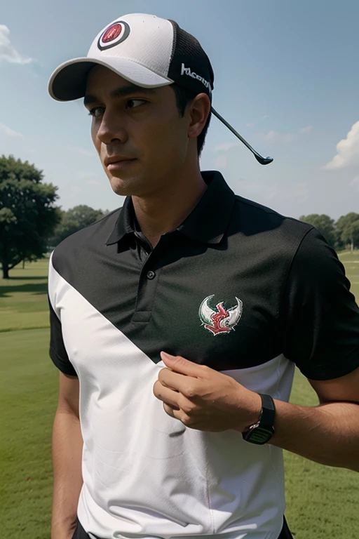 man playing golf, wearing a white polo shirt with black red and green design, eagle logo