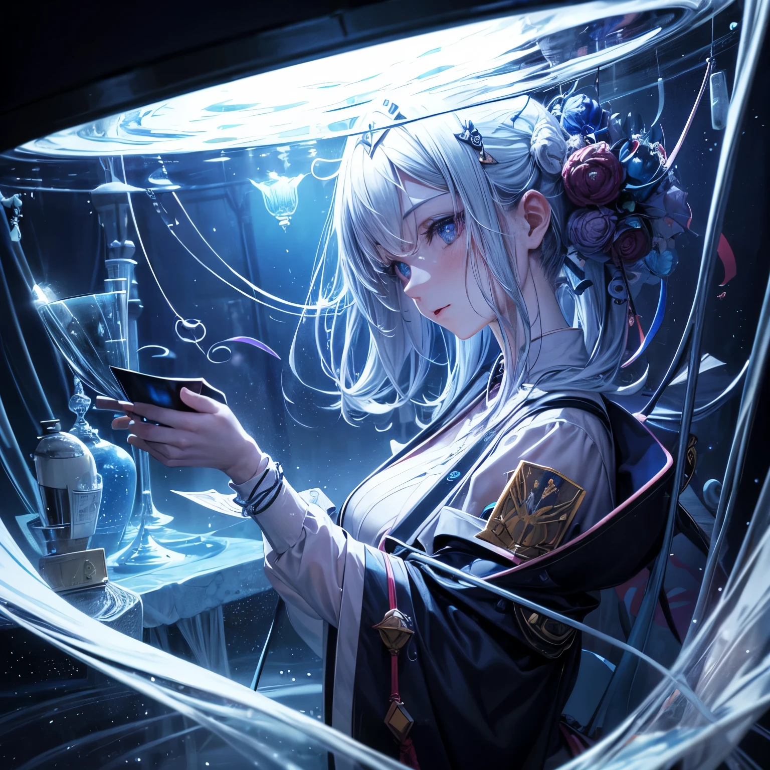 Julien Pacaud, CHARLES EUPHRASIE KUWASSEG, Surreal, mysterious, strange, fantastical, fantasy, Sci-fi, Japanese anime, flowing glass architecture, beautiful nurse at night, perfect body, lost ship, detailed masterpiece Hyper realism cinematic lighting sharp focus close up