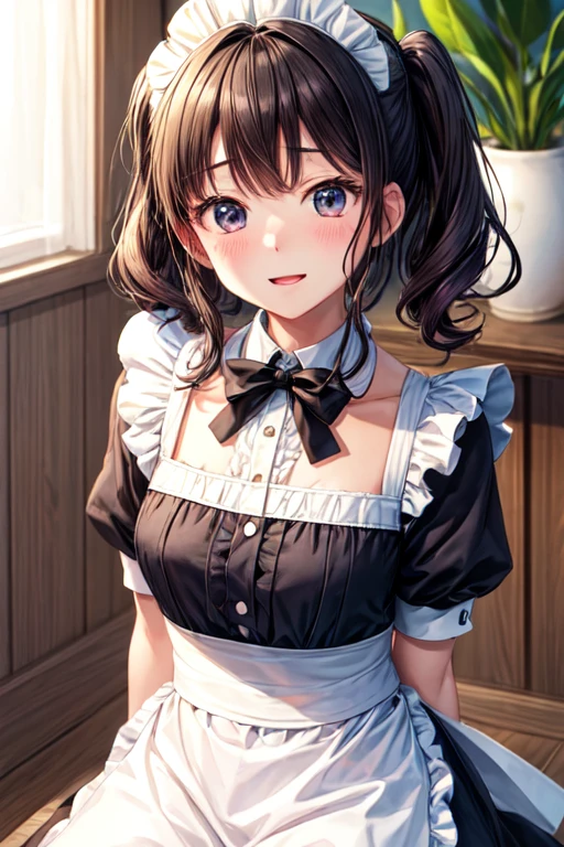 ((highest quality)), ((masterpiece)), (be familiar with), Wakaba Nogi's perfect face is wearing a maid outfit and has an embarrassing expression。