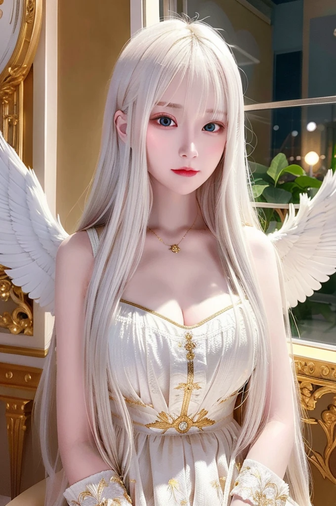 masterpiece, best quality, ultra-detailed, illustration, close-up, straight on, face focus, 1girl, white hair, golden eyes, long hair, halo, angel wings, serene expression, looking at viewer
