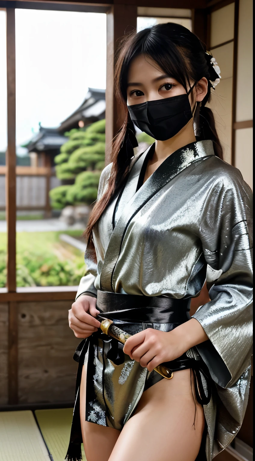最high quality、high quality、best image quality、8K、最High resolution、High resolution、最high quality、masterpiece、RAW photo、realistic atmosphere、(detailed face)、(fine hands、thumb1reference4)、(beauty of japan )、very nice face、cute face、((beautiful japanese girl))、(japanese woman), ((18 year old beautiful girl))、(glossy black hair)、(straight long hair)、(ponytail)、whole body、slim style、(shiny skin)、(Fair skin, Glossy skin)、real human skin、realistic human body structure、perfect body, perfect face, perfect hands, perfect fingers, perfect lips, perfect eyes,perfect teeth、perfect background, perfect atmosphere, natural soft light、photon mapping、Ainu folk costume、ninja cosplay、kunoichi kimono、、((girl with sword in both hands))、Japanese sword、japanese traditional、(kunoichi kimono)、all ninja、A girl inspired by Naruto、((A girl holding a sharp sword in both hands))、In front of an old Japanese house、((Transparent black metallic with floral pattern(Ainu folk costume、Kimono up to the waist、Japanese clothes up to the waist、string bread loincloth、mask))、Dynamic pose with swordsmanship in mind