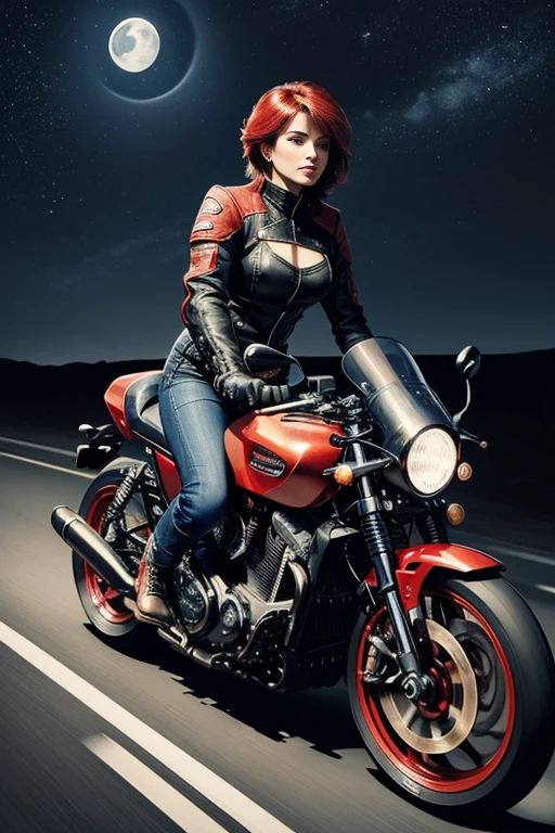 (masterpiece), (best quality), (best detail), (distant general view), (postage stamp),(main color of illustration: bright saturated red), (secondary color: lapis lazuli), a red cafe racer motorcycle driven by a woman with defiant stance, very detailed chassis, futuristic western scenery, night (many stars, moon), shading (detailed, much contrast), very saturated pulp colors