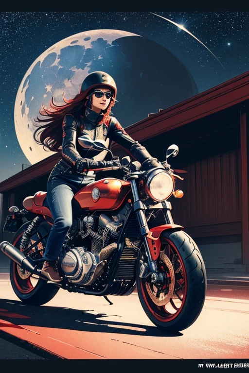 (masterpiece), (best quality), (best detail), (distant general view), (postage stamp),(main color of illustration: bright saturated red), (secondary color: lapis lazuli), a red cafe racer motorcycle driven by a woman with defiant stance, very detailed chassis, futuristic western scenery, night (many stars, moon), shading (detailed, much contrast), very saturated pulp colors