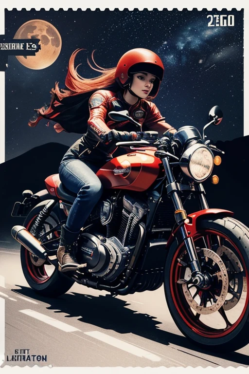 (masterpiece), (best quality), (best detail), (distant general view), (postage stamp),(main color of illustration: bright saturated red), (secondary color: lapis lazuli), a red cafe racer motorcycle driven by a woman with defiant stance, very detailed chassis, futuristic western scenery, night (many stars, moon), shading (detailed, much contrast), very saturated pulp colors