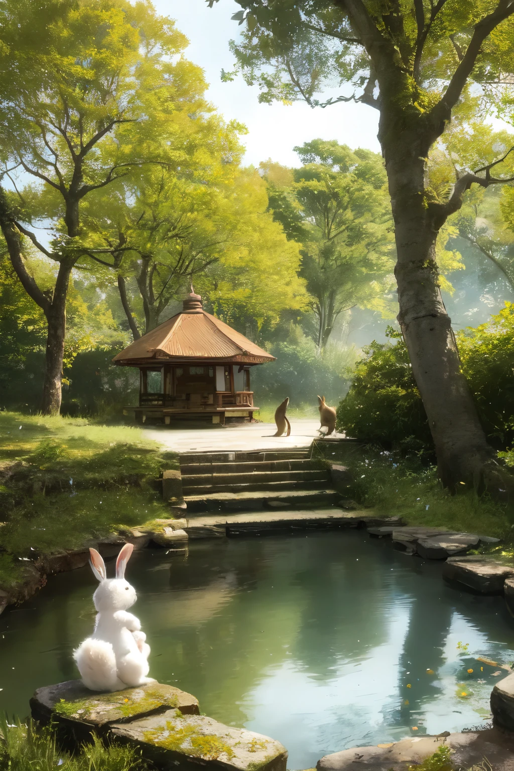 Ancient costume，sit by the stream，There  a pavilion，There are trees and flowers around，There  a rabbit in the forest，Squirrels and other animals