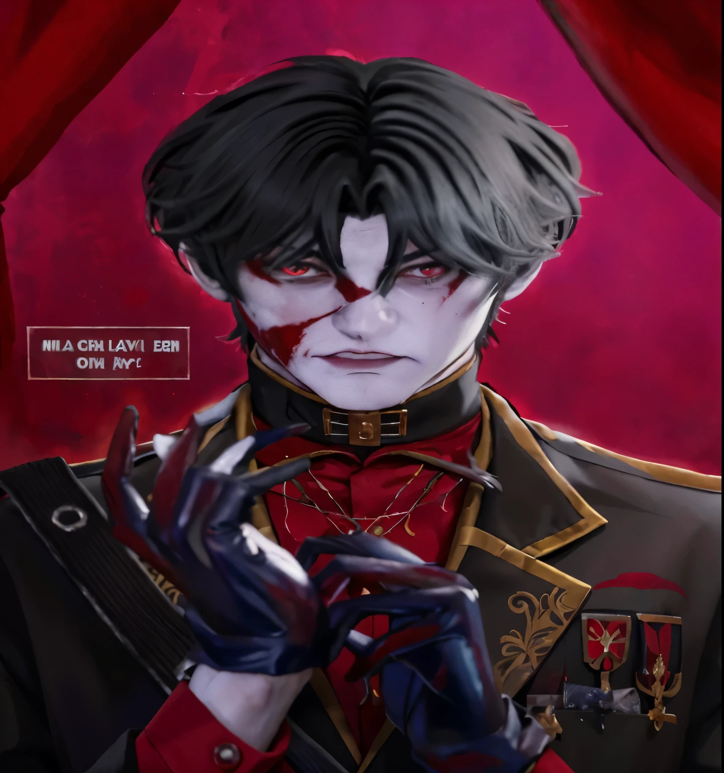 a close up of a person in a suit and gloves, portrait gapmoe yandere grimdark, highly detailed exquisite fanart, his eyes are bleeding intense, trigger anime artstyle, detailed fanart, machiavellian puppetmaster, gapmoe yandere grimdark, handsome guy in demon slayer art, bloody + concept art, official fanart, digital anime illustration